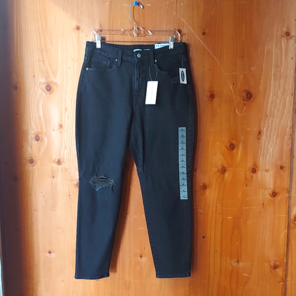 Old Navy O.G. Straight Black Cotton High Rise Distressed Jeans